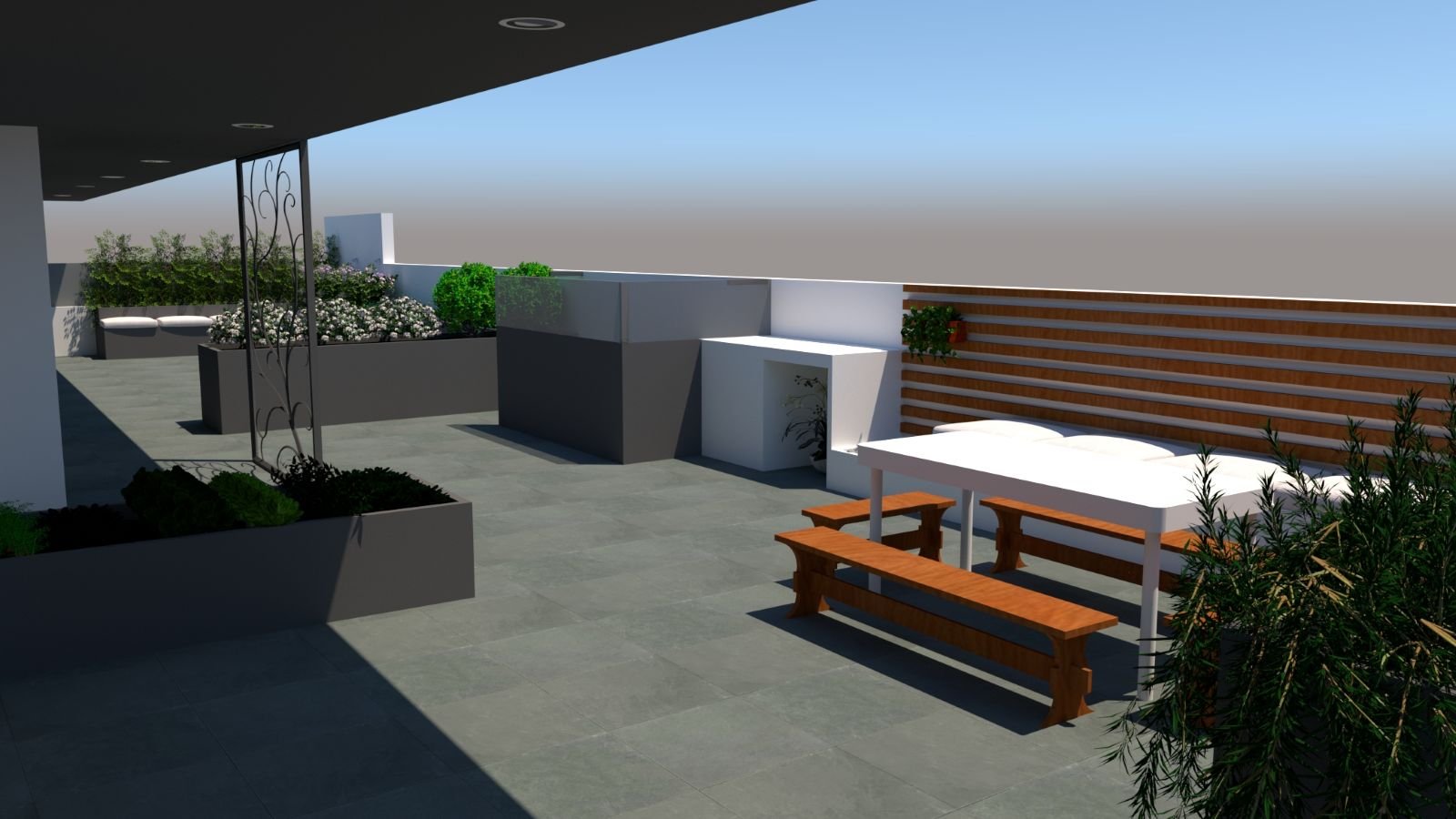 Terraço (zona de refeições em primeiro plano, zona de apoio com biombo e zona de estadia ao fundo)
